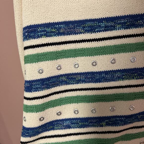 VTG St. John Sport Wool Rayon Zip Cardigan Green Blue Small Rivets Striped - Picture 8 of 9